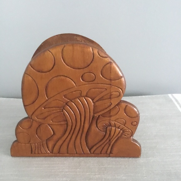 Unknown Other - 1970’s Mushroom Napkin Envelope Napkin Holder Wooden Vintage